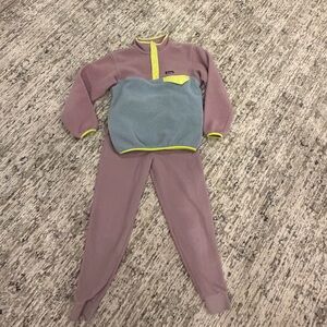 Patagonia Mauve Fleece Pullover with Slate Blue Panel and Yellow Trim